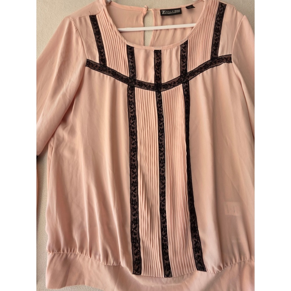 7th Avenue New York & Company Pink Lace Trim Pleated Bell Sleeve Blouse S - Picture 5 of 8